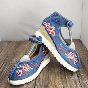Denim, Floral Embroidered Wedges Size 240(7)